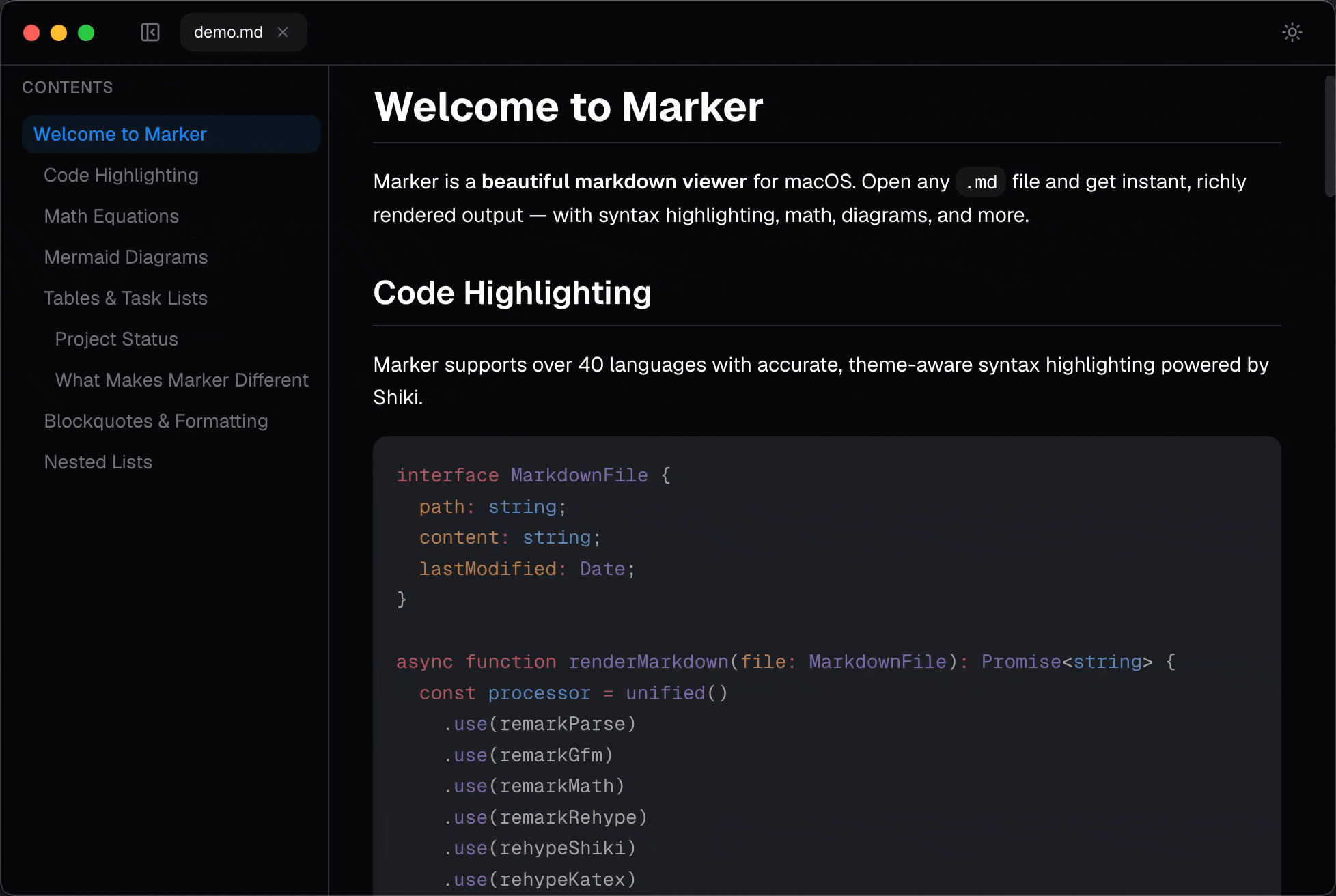 Marker app showing markdown rendering with syntax highlighting, math, and diagrams